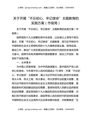 关于开展“不忘初心、牢记使命”主题教育的实施方案（市级局）