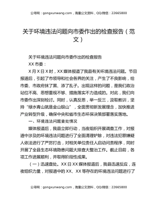 关于环境违法问题向市委作出的检查报告（范文）