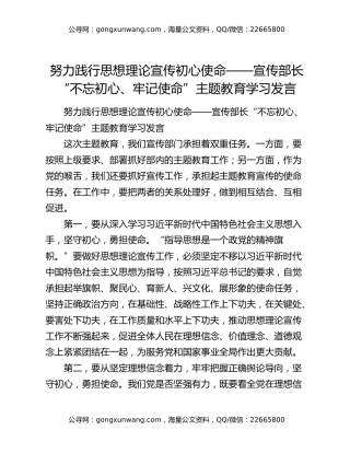 努力践行思想理论宣传初心使命——宣传部长“不忘初心、牢记使命”主题教育学习发言