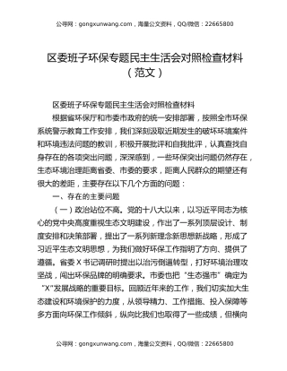 区委班子环保专题民主生活会对照检查材料（范文）