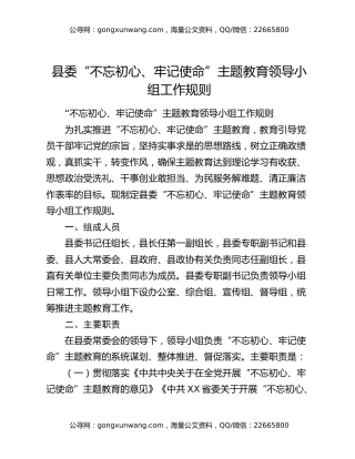 县委“不忘初心、牢记使命”主题教育领导小组工作规则