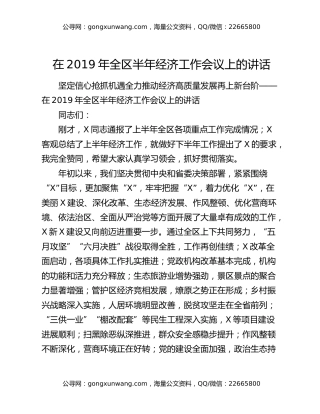 在2019年全区半年经济工作会议上的讲话