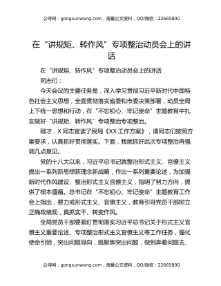 在“讲规矩、转作风”专项整治动员会上的讲话