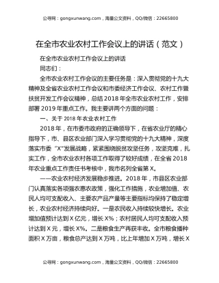 在全市农业农村工作会议上的讲话（范文）
