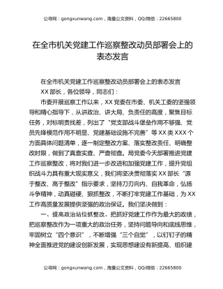 在全市机关党建工作巡察整改动员部署会上的表态发言