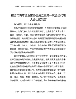 在全市青年企业家协会成立暨第一次会员代表大会上的发言