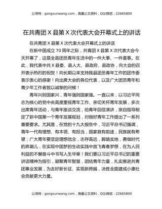在共青团X县第X次代表大会开幕式上的讲话