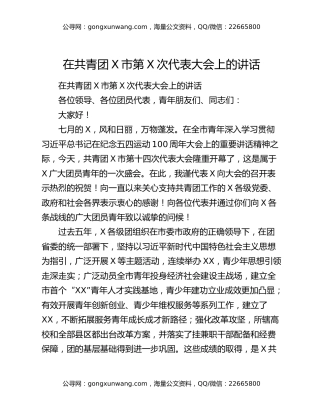 在共青团X市第X次代表大会上的讲话