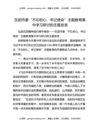 在团市委“不忘初心、牢记使命”主题教育集中学习研讨的主题发言