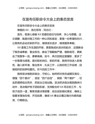 在宣布任职命令大会上的表态发言