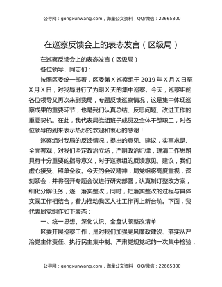 在巡察反馈会上的表态发言（区级局）