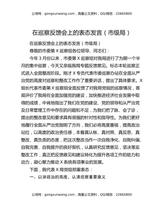 在巡察反馈会上的表态发言（市级局）