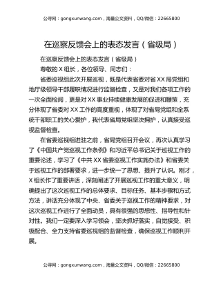 在巡察反馈会上的表态发言（省级局）