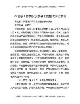 在巡察工作情况反馈会上的整改表态发言