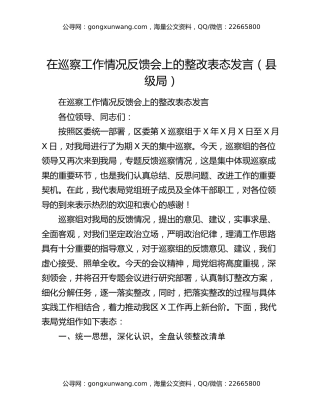 在巡察工作情况反馈会上的整改表态发言（县级局）