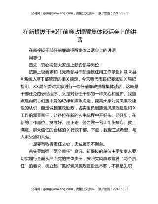 在新提拔干部任前廉政提醒集体谈话会上的讲话