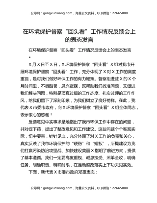 在环境保护督察“回头看”工作情况反馈会上的表态发言
