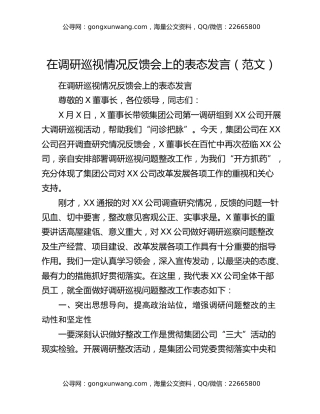 在调研巡视情况反馈会上的表态发言（范文）
