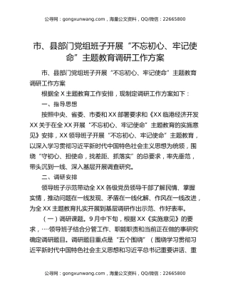 市、县部门党组班子开展“不忘初心、牢记使命”主题教育调研工作方案