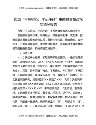 市局“不忘初心、牢记使命”主题教育整改落实情况报告