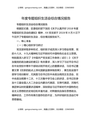 年度专题组织生活会综合情况报告