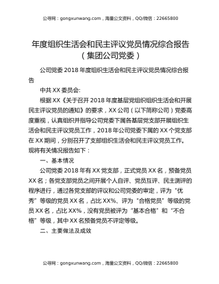 年度组织生活会和民主评议党员情况综合报告（集团公司党委）