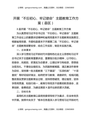 开展“不忘初心、牢记使命”主题教育工作方案（县区）