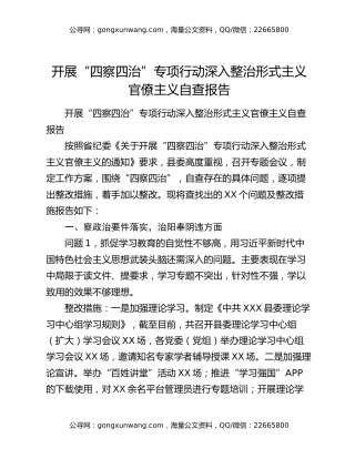 开展“四察四治”专项行动深入整治形式主义官僚主义自查报告