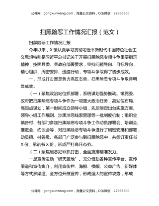 扫黑险恶工作情况汇报（范文）