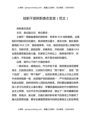 挂职干部供职表态发言（范文）