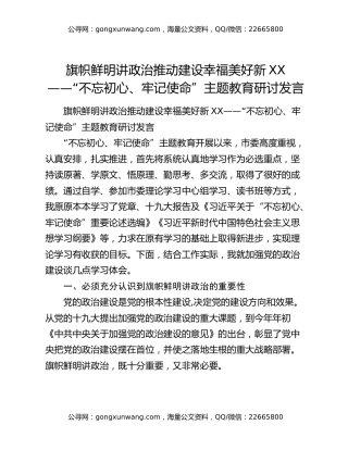 旗帜鲜明讲政治推动建设幸福美好新XX——“不忘初心、牢记使命”主题教育研讨发言