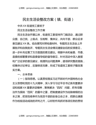 民主生活会整改方案（镇、街道）