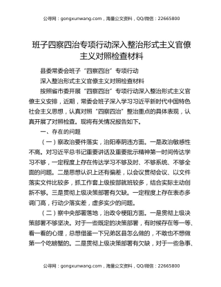 班子四察四治专项行动深入整治形式主义官僚主义对照检查材料