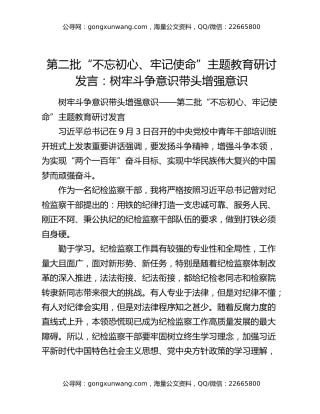 第二批“不忘初心、牢记使命”主题教育研讨发言：树牢斗争意识带头增强意识