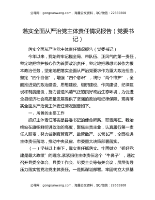 落实全面从严治党主体责任情况报告（党委书记）