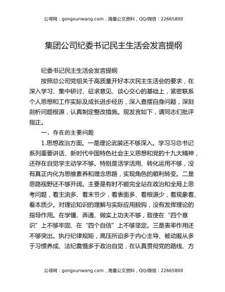 集团公司纪委书记民主生活会发言提纲