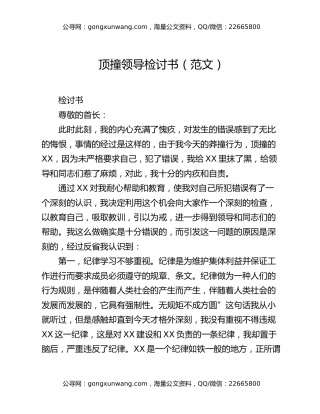 顶撞领导检讨书（范文）