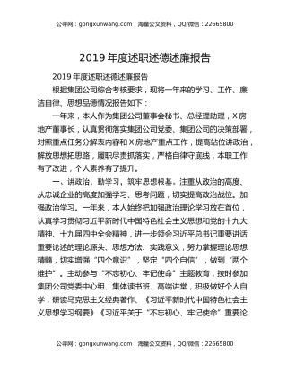 2019年度述职述德述廉报告