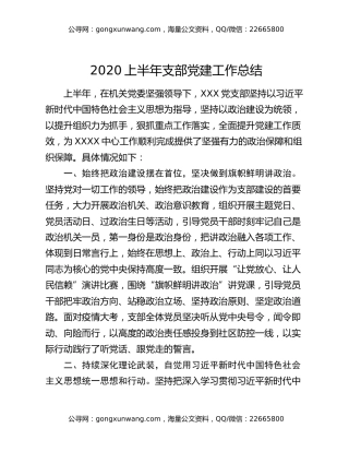 2020上半年支部党建工作总结