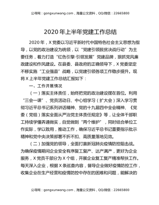 2020年上半年党建工作总结