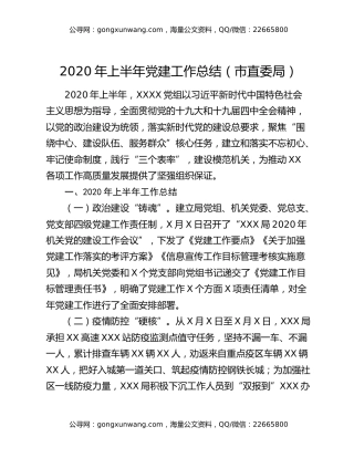 2020年上半年党建工作总结 （市直委局）