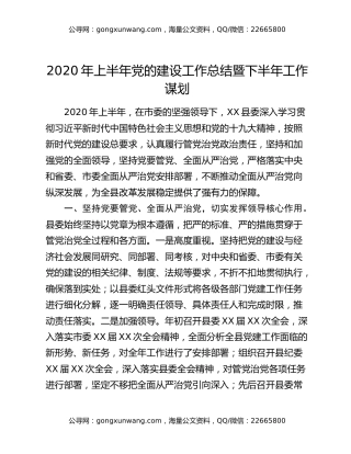 2020年上半年党的建设工作总结暨下半年工作谋划