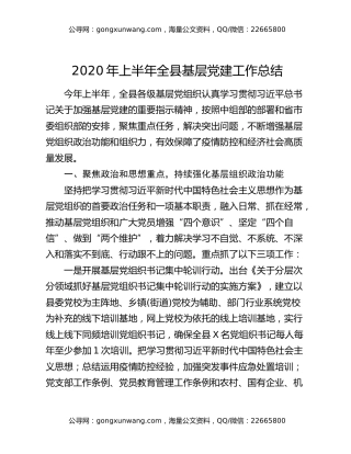 2020年上半年全县基层党建工作总结