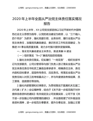 2020年上半年全面从严治党主体责任落实情况报告