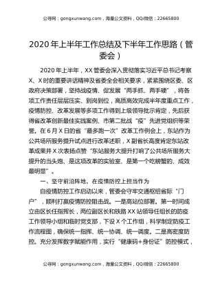 2020年上半年工作总结及下半年工作思路（管委会）
