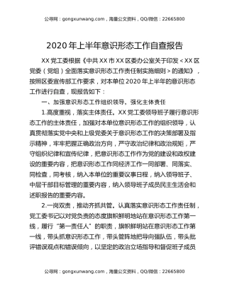 2020年上半年意识形态工作自查报告