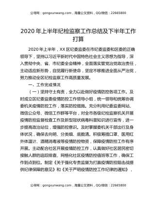 2020年上半年纪检监察工作总结及下半年工作打算