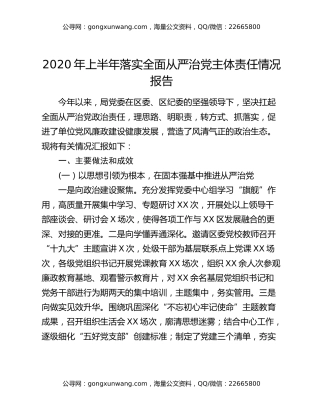 2020年上半年落实全面从严治党主体责任情况报告