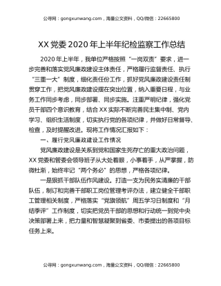 XX党委2020年上半年纪检监察工作总结