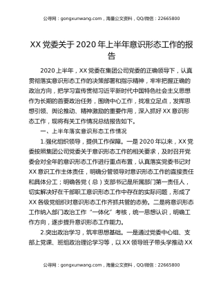 XX党委关于2020年上半年意识形态工作的报告